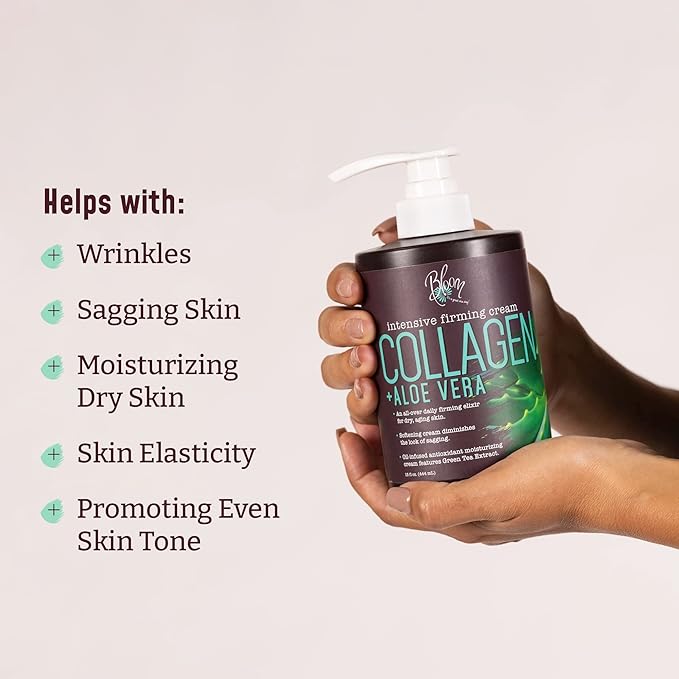 BLOOM IT'S A GREAT SKIN DAY! Collagen Cream + Aloe Vera Moisturizer Body Lotion & Face Cream | Dry Skin Rescue | Skin Tightening Cream | Skin Firming + Tightening Lotion, 15 Oz