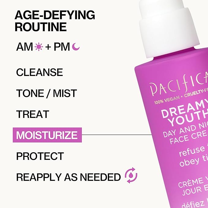 Pacifica Face Moisturizer Lotion - Dreamy Youth Day & Night Face Cream, Daily Skincare, Grapeseed Oil, Peptides, Hydrating, Facial Lotion, Skincare, For Dry Skin, Vegan, 1.7 fl oz (1 Count)