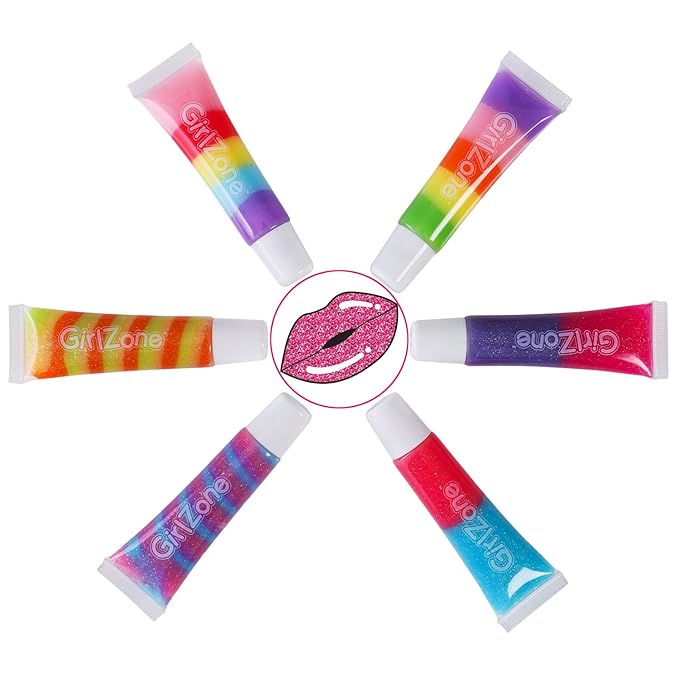 GirlZone Rainbow Fruity Lip Gloss Makeup Set for Kids and Girls, Fabulous Lip Balm Set for Kids with 6 Fruit Scented Lip Gloss, Lovely Gift Idea