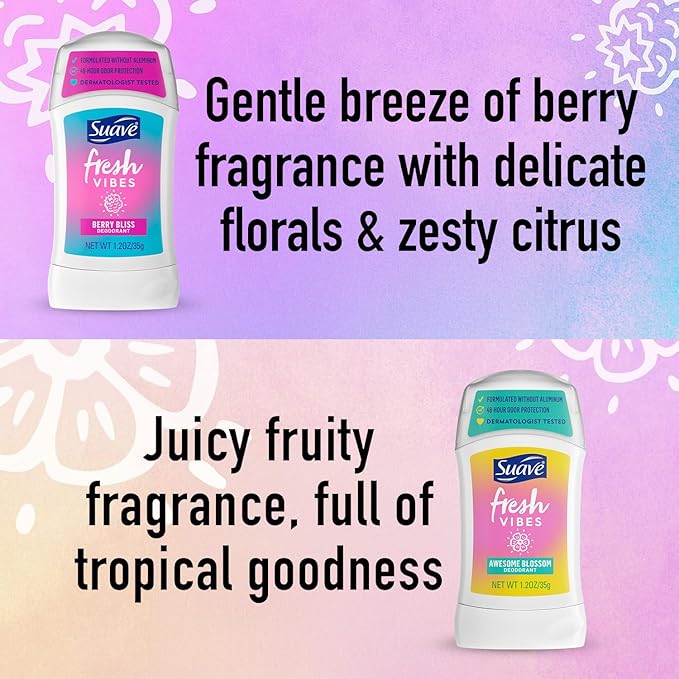 Suave Aluminum-Free Deodorant, Kids & Teen Girls – Fresh Vibes Berry Bliss & Awesome Blossom, 48H Protection, 1.2 Oz Ea