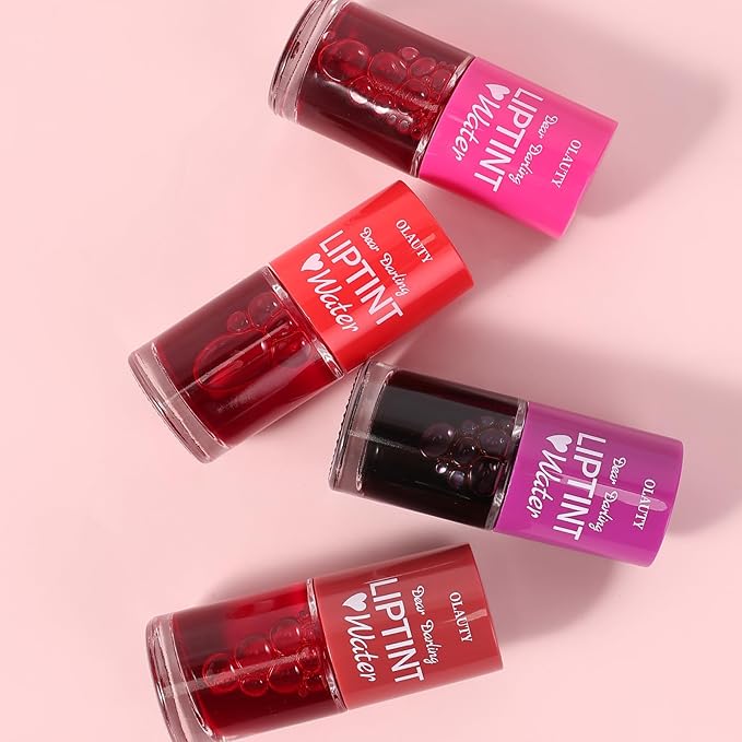Lip Tint Stain Set, Korean Lip Tint Glossy Lip Stain Plumping Mini Liquid Lipstick, Multi-use Lip and Cheek Tint, Long-Wear Lip Stain Non-Stick Cup Smudge-proof & Lightweight Lip Tint (Strawberry)