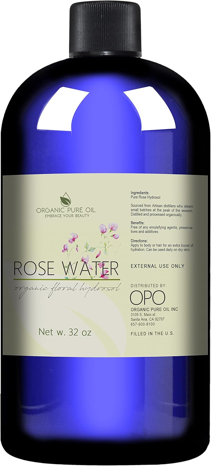 32 oz Rose Hydrosol Water โ 100% Pure Rosewater Spray Mist Bulk โ Hydrating Face Toner Rose Water for Skin and Hair Linen Spray for Sheets Room Freshener Body Spray Refill by Organic Pure Oil