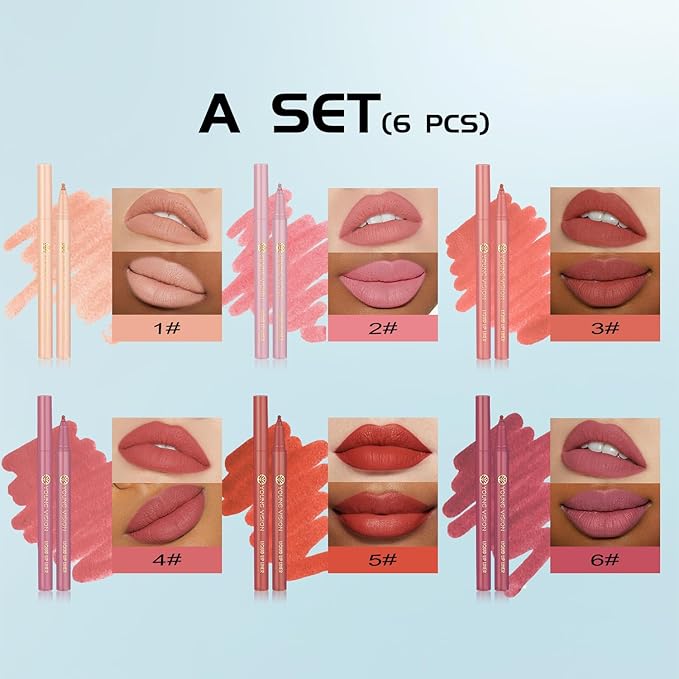YOUNG VISION 6-Pc Liquid Lipstick & Lipliner Set, Lip Stain Tint Collection - Gourd-Shaped, Durable, Easy Glide, Nude Matte Shades Lip Contour/Lipliner Application, Gift for Women