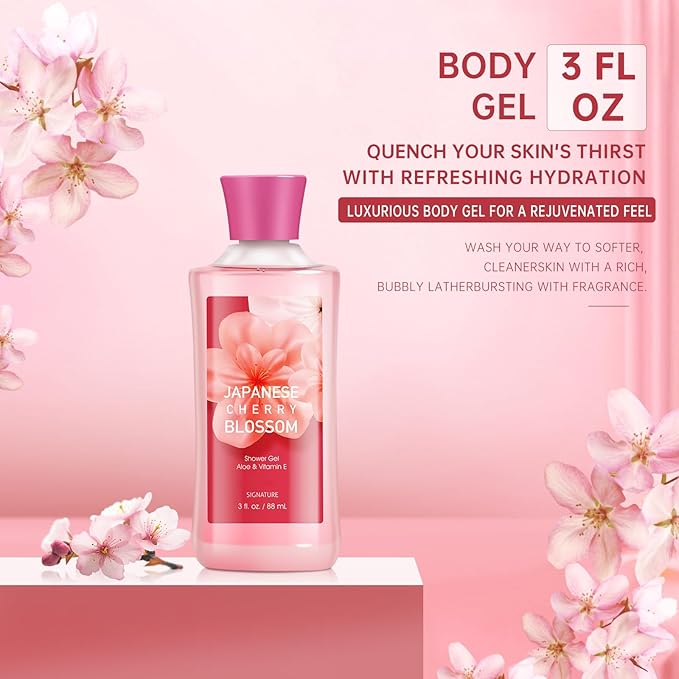 Bath Gift for Women and Girls, Japanese Cherry Blossom Spa Set With Natural Extracts, 3PCS Set - Shower Gel, Lotion, Mist, Personal Self Care Kit, Body Care Travel Set