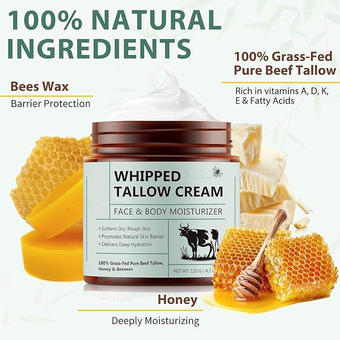 Beef Tallow for Skin, Beef Tallow Moisturizer, 4.2 oz Organic Whipped Grass Fed Beef Tallow with Honey Cream for Face & Body, Unscented