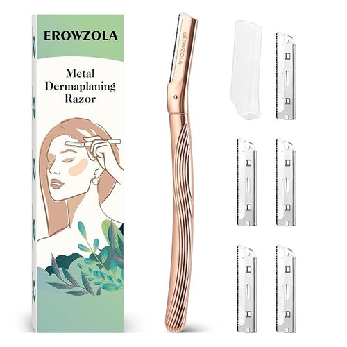 Dermaplaning Tool for Face, Eyebrow Razor for Women and Men, Eyebrow Trimmer and Facial Shaver Dermaplane Razor for Peach Fuzz Hair and Exfoliation, Includes 6 Blades (Rose Gold)