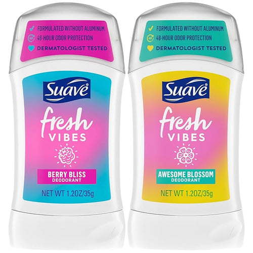 Suave Aluminum-Free Deodorant, Kids & Teen Girls – Fresh Vibes Berry Bliss & Awesome Blossom, 48H Protection, 1.2 Oz Ea