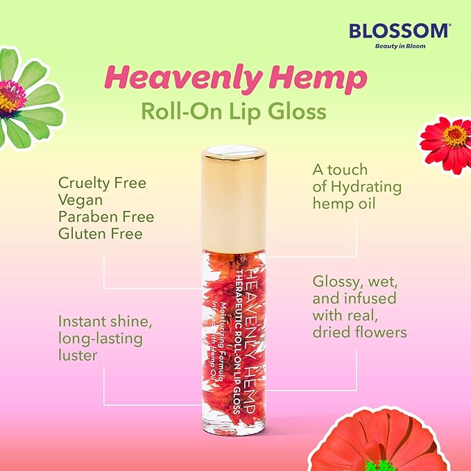 Blossom Roll on Lip Gloss, Scented Clear High Shine Moisturizing Lip Oil, Non Sticky, Infused with Real Flowers, Made in USA, 0.2oz, Peach Hemp