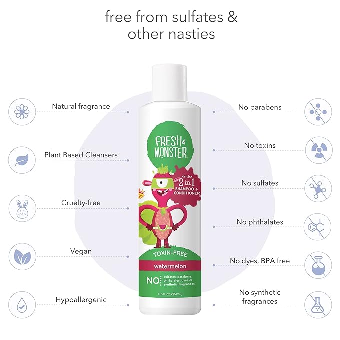 Fresh Monster 2-in-1 Kids Shampoo & Conditioner, Toxin-Free, Hypoallergenic, Tear-free Shampoo & Conditioner for Kids, Watermelon (8.5oz)