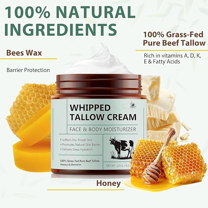4.2oz Grass Fed Beef Tallow for Women and Girls, Organic Grass Fed and Finished Tallow For Skin - Face & Body(Unscented)