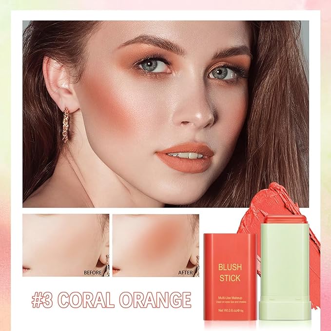 Multi-Use Makeup Blush Stick,Beauty Solid Moisturizer Stick,Waterproof Natural Cheek(3#coral orange)