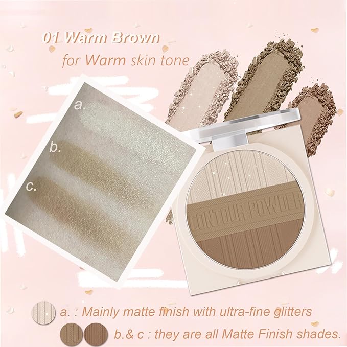 Contour Powder Makeup Palette Matte Shimmer Face Sculpting Warm Brown