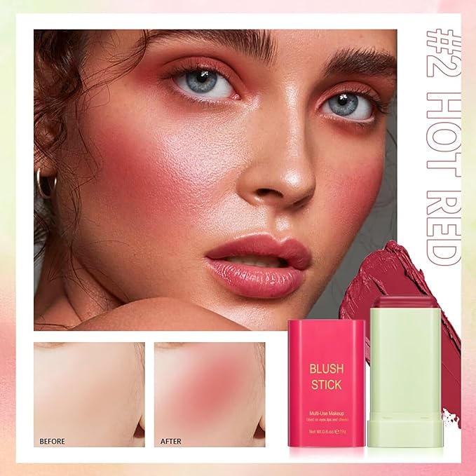 Multi-Use Makeup Blush Stick,Beauty Solid Moisturizer Stick,Waterproof Natural Cheek(2#Hot Red)