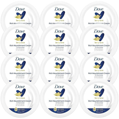 Dove Body Love Rich Nourishment Cream, Face, Hand & Body Lotion for Extremely Dry Skin, Fast-Absorbing 72-Hour Moisturizing Cream with Ceramide Serum, Travel Size, 2.53 Oz (Pack of 12)