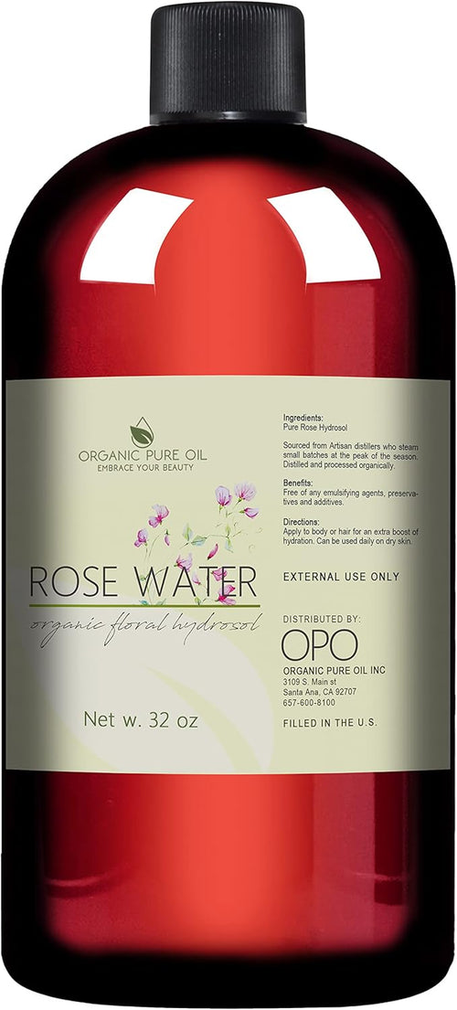 32 oz Rose Hydrosol Water โ 100% Pure Rosewater Spray Mist Bulk โ Hydrating Face Toner Rose Water for Skin and Hair Linen Spray for Sheets Room Freshener Body Spray Refill by Organic Pure Oil
