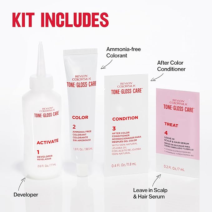Revlon ColorSilk Tone + Gloss + Care Demi Permanent Hair Color, Dye Kit with Leave-In Scalp and Haircare Serum, 2x Shinier, 4x Stronger, 4RV Burgundy, 4.5 fl oz