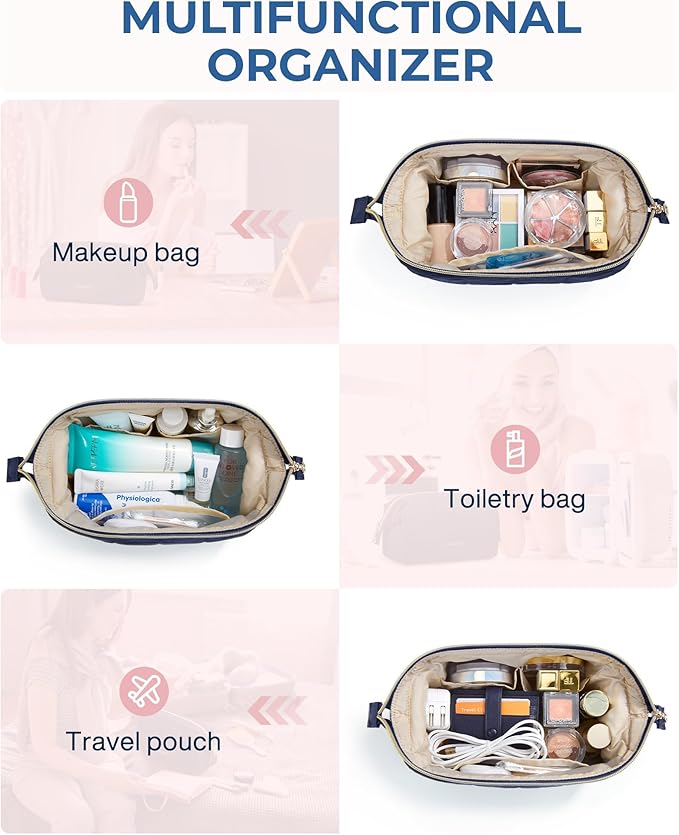 BAGSMART Makeup Bag Travel Toiletry Bag, Puffy Padded Make Up Bags for Women Makeup Organizer Case, Wide-open Pouch Purse Travel Essentials Toiletries Accessories Brushes, Navy Blue