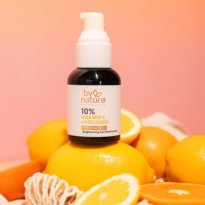 By Nature Gel Face Moisturizer - 10% Vitamin C + Collagen Peptide Brightening Moisturizer for Face and Neck - Energize and Hydrate Dull Skin + Fade Dark Spots - Dry Skin Face moisturizer Gel