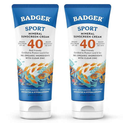 Badger Reef Safe Sunscreen, SPF 40 Sport Mineral Sunscreen, 98% Organic Sunscreen Ingredients, Broad Spectrum, Water Resistant, Zinc Oxide Sunscreen, Unscented, 2.9 fl oz (2 Pack)
