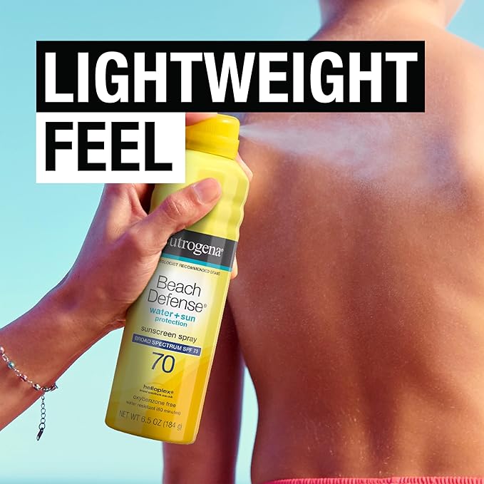 Neutrogena Beach Defense Spray Sunscreen with Broad Spectrum SPF 70, Fast Absorbing Sunscreen Body Spray Mist, Water-Resistant UVA/UVB Sun Protection, Oxybenzone Free, 6.5 oz