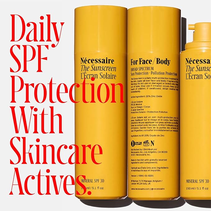 Nécessaire The Mineral Sunscreen SPF 30 PA+++. For The Body. Broad Spectrum. Zinc Oxide, Hyaluronic Acid, Niacinamide. Hydrate. Protect Against Sun Damage + Premature Aging. Dermatologist-Tested 5.1oz