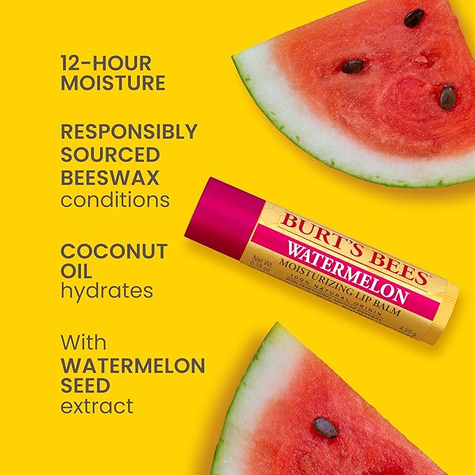 Burt's Bees Lip Balm - Watermelon, Lip Moisturizer With Responsibly Sourced Beeswax, Tint-Free, Natural Origin Conditioning Treatment, 2 Tubes, 0.15 oz.