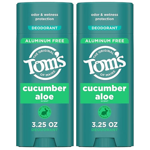 Tom's of Maine Cucumber Aloe Aluminum Free Natural Deodorant For Women & Men | Goes on Clear | Odor & Wetness Protection | Naturally Derived and Moisture-Locking Ingredients | 3.25 oz (2 Pack)