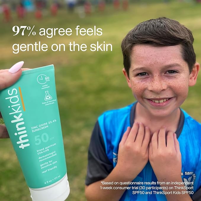 Thinksport Kids SPF 50+ Mineral Sunscreen – Safe, Natural Sunblock for Children - Water Resistant Sun Cream – Broad Spectrum UVA/UVB Sun Protection – Reef Friendly Sun Lotion, 6oz