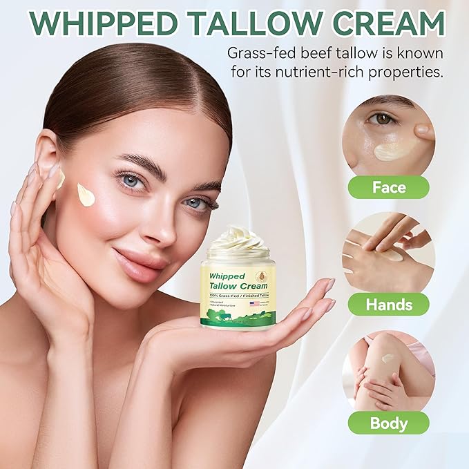 Beef Tallow for Skin, Organic Grass Fed Whipped Beef Tallow Moisturizer Deeply Nourishing for Face & Body, Natural Unscented Tallow Face Moisturizer Smooth Soft for Dry Skin, 4oz