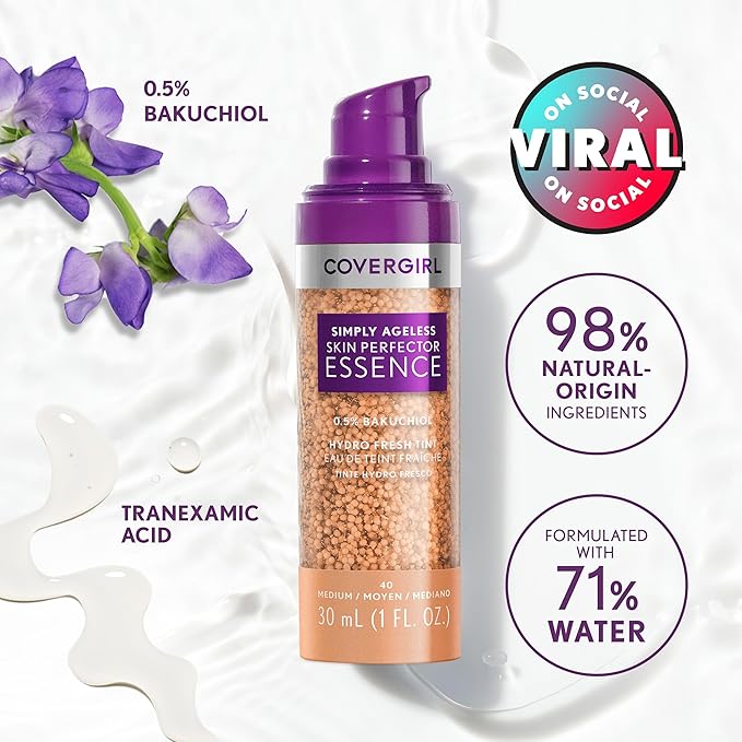 Covergirl Simply Ageless Skin Perfector Essence Foundation, 80 Deep, Tinted Skin Perfector, Skincare Makeup Hybrid, Sheer Tint, Radiant Finish, Skin-Like Finish, Vegan Formula, 1.0oz