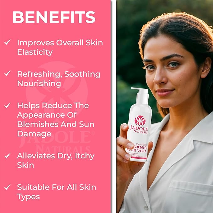 Organic Aloe vera Gel - 8.4 oz / 250ml | For Hair, Scalp, Face, Dry Skin, Sunburn, & Sensitive Skin -Reduces Redness, Helps Protect Damaged Skin | Cold Pressed, Vegan, 100% Natural