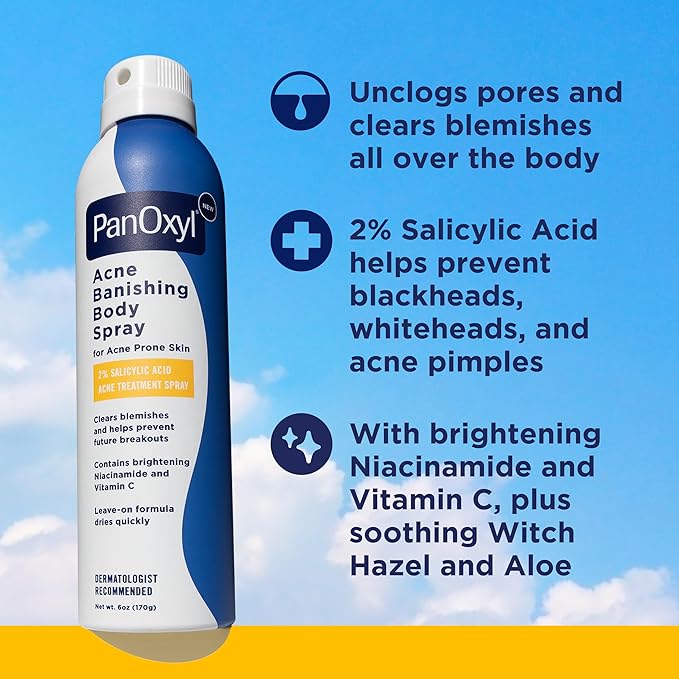 PanOxyl Acne Banishing Body Spray with 2% Salicylic Acid, Pimple Treatment to Clear Stubborn Breakouts, 360-Degree Spray Nozzle, Skin-Brightening Niacinamide, Vitamin C, Witch Hazel, Aloe, 6 Oz