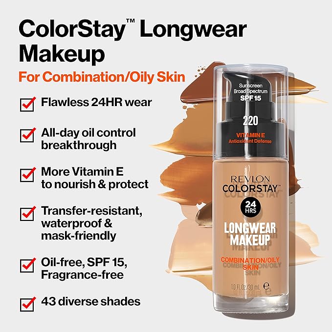 Revlon Liquid Foundation, ColorStay Face Makeup for Combination Beige (240), 1.0 Oz