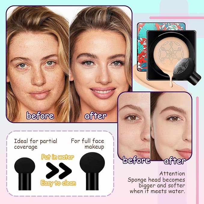 Air Cushion CC Cream Mushroom Head Foundation,Waterproof Long Makeup Sponge(4PCS)