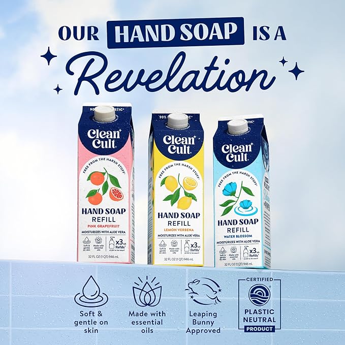 Cleancult - Liquid Hand Soap Refills - Sea Minerals - Gentle On Sensitive Skin - Made with Aloe Vera & Essential Oils - Eco Friendly - Paper-Based Packaging - 32 oz/2 Pack