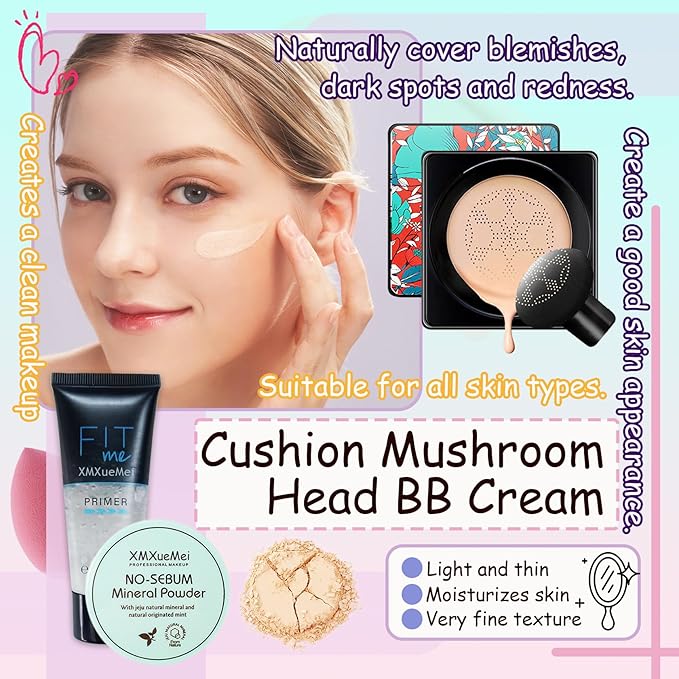 Air Cushion CC Cream Mushroom Head Foundation,Waterproof Long Makeup Sponge(4PCS)