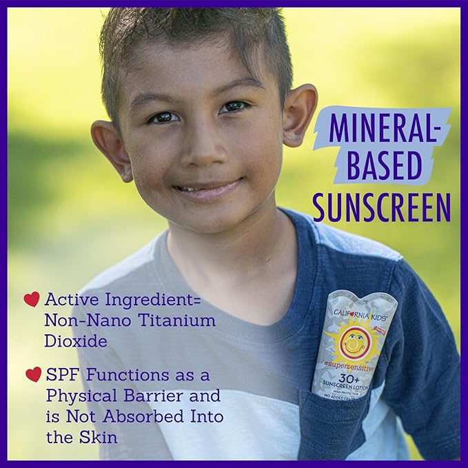 California Kids Super Sensitive SPF 30+ Sunscreen Lotion | Broad Spectrum | Titanium Dioxide | Unscented Hypoallergenic Mineral Sunscreen | Kids Sunscreen With Tint | 82 g / 2.9 oz.