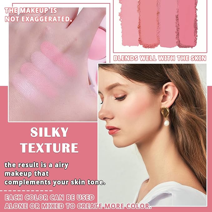 4 Colors Blush Palette for Cheeks,Face Matte Contour Brush 01