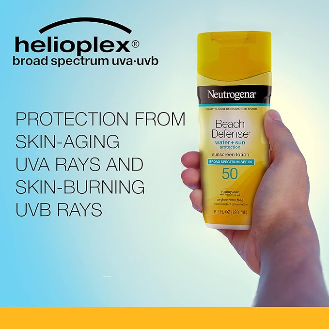 Neutrogena Beach Defense Water-Resistant Sunscreen Lotion with Broad Spectrum SPF 30, Oil-Free and PABA-Free Oxybenzone-Free, UVA/UVB Sun Protection, SPF 50, 6.7 fl. oz