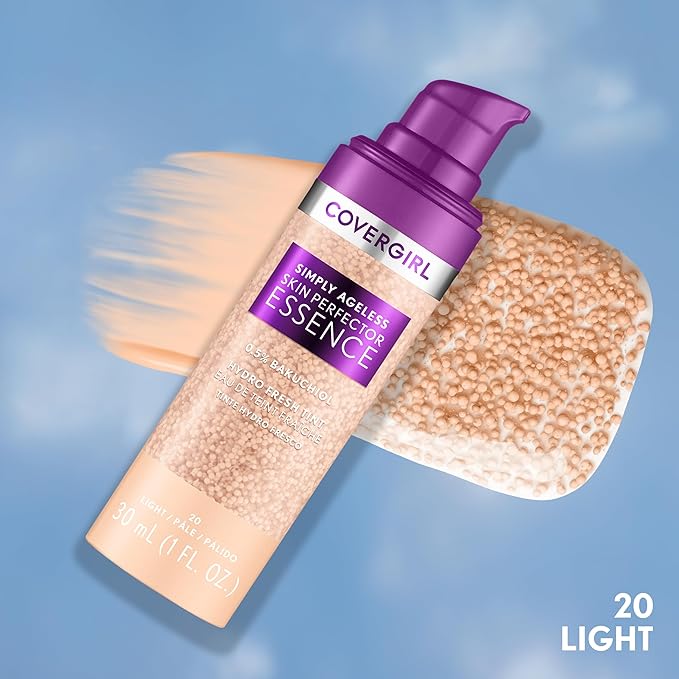 Covergirl Simply Ageless Skin Perfector Essence Foundation, 20 Light, Tinted Skin Perfector, Skincare Makeup Hybrid, Sheer Tint, Radiant Finish, Skin-Like Finish, Vegan Formula, 1.0oz