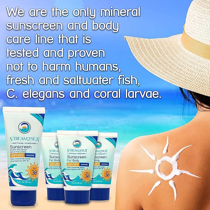 STREAM 2 SEA 6 Pack Natural Travel Sized Toiletries, 1oz Paraben Free Sample Size Shampoo, Conditioner, Lotion, Mineral Sunscreen SPF 20 and SPF 30 and After Sun Gel