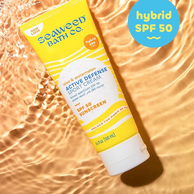 Seaweed Bath Co. Active Defense SPF 50 Sport Broad Spectrum Hybrid Sunscreen Cream, 3.4 Ounce, Sustainably Harvested Seaweed, Aloe, Watermelon