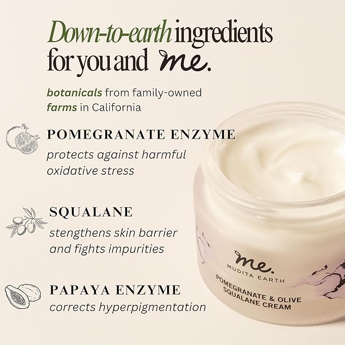 Mudita Earth Squalane Anti Aging Skin Cream, Rich Moisturizer for Aging & Dry Skin, Hyaluronic Acid, Squalane for Dark Spots & Hyperpigmentation made with Pomegranate & Olive