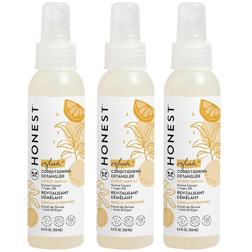 The Honest Company Conditioning Hair Detangler 3-Pack | Leave-in Conditioner + Fortifying Spray | Tear-free, Cruelty-Free, Hypoallergenic | Citrus Vanilla Refresh, 4 fl oz each (pack of 3)