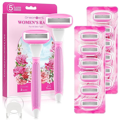 DreamGenius Razors for Women Include 2 Non-Slip Handles and 14 Blade Refills with a Shower Holder, 5 Premium Blades Women's Razors for Shaving with 360° Lubrication Reduces Irritation, Pink