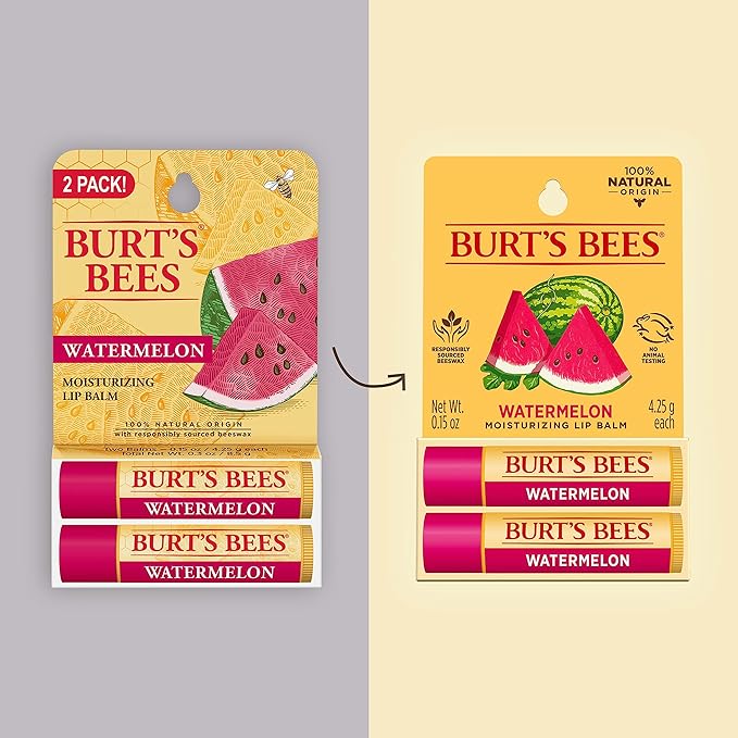 Burt's Bees Lip Balm - Watermelon, Lip Moisturizer With Responsibly Sourced Beeswax, Tint-Free, Natural Origin Conditioning Treatment, 2 Tubes, 0.15 oz.
