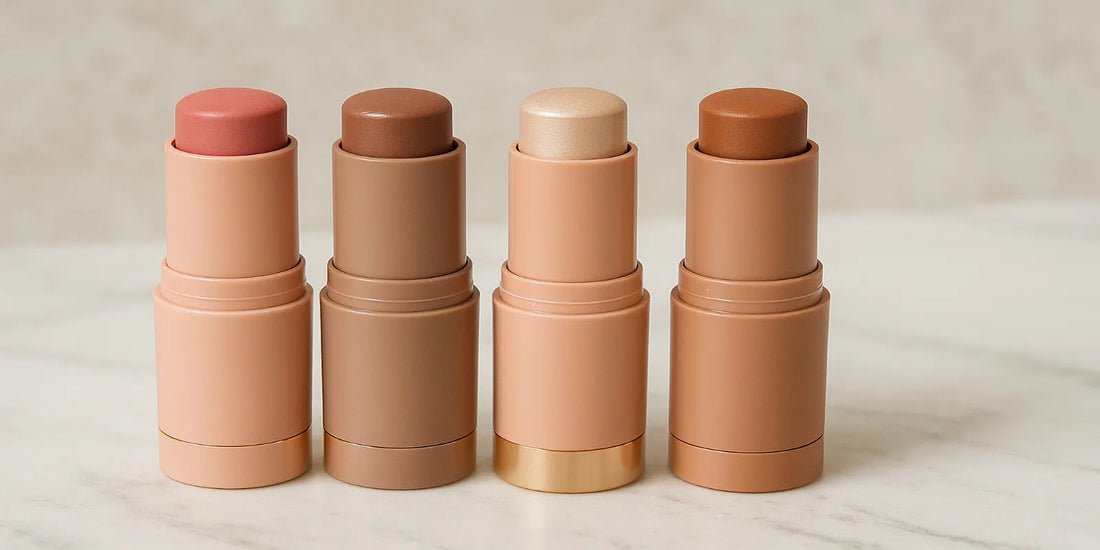 Four makeup sticks—blush, contour, highlighter, and bronzer—arranged on a marble surface with soft lighting, showcasing peach-toned matte tubes.