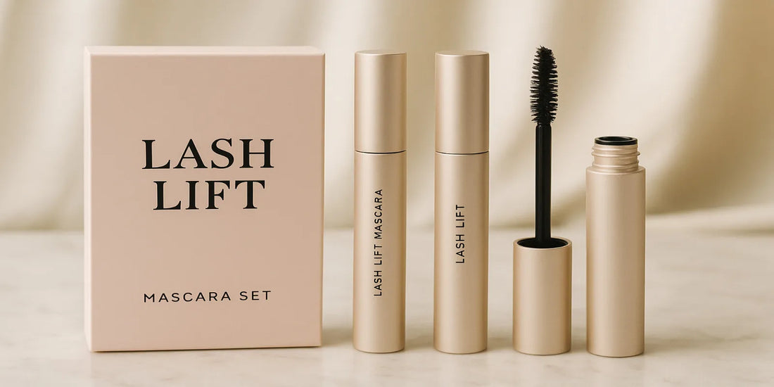 A minimalist lash lift mascara set with two gold tubes and an open wand on a marble counter, styled for an elegant at-home beauty look.