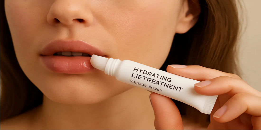 Close-up of a woman applying a medical-grade hydrating lip treatment with a white tube, highlighting glossy, moisturized lips and smooth skin.