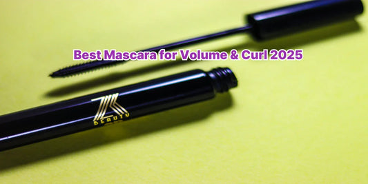 Close-up of a black mascara tube and wand on a yellow background, highlighting a beauty product known for volume and curling effects in 2025.
